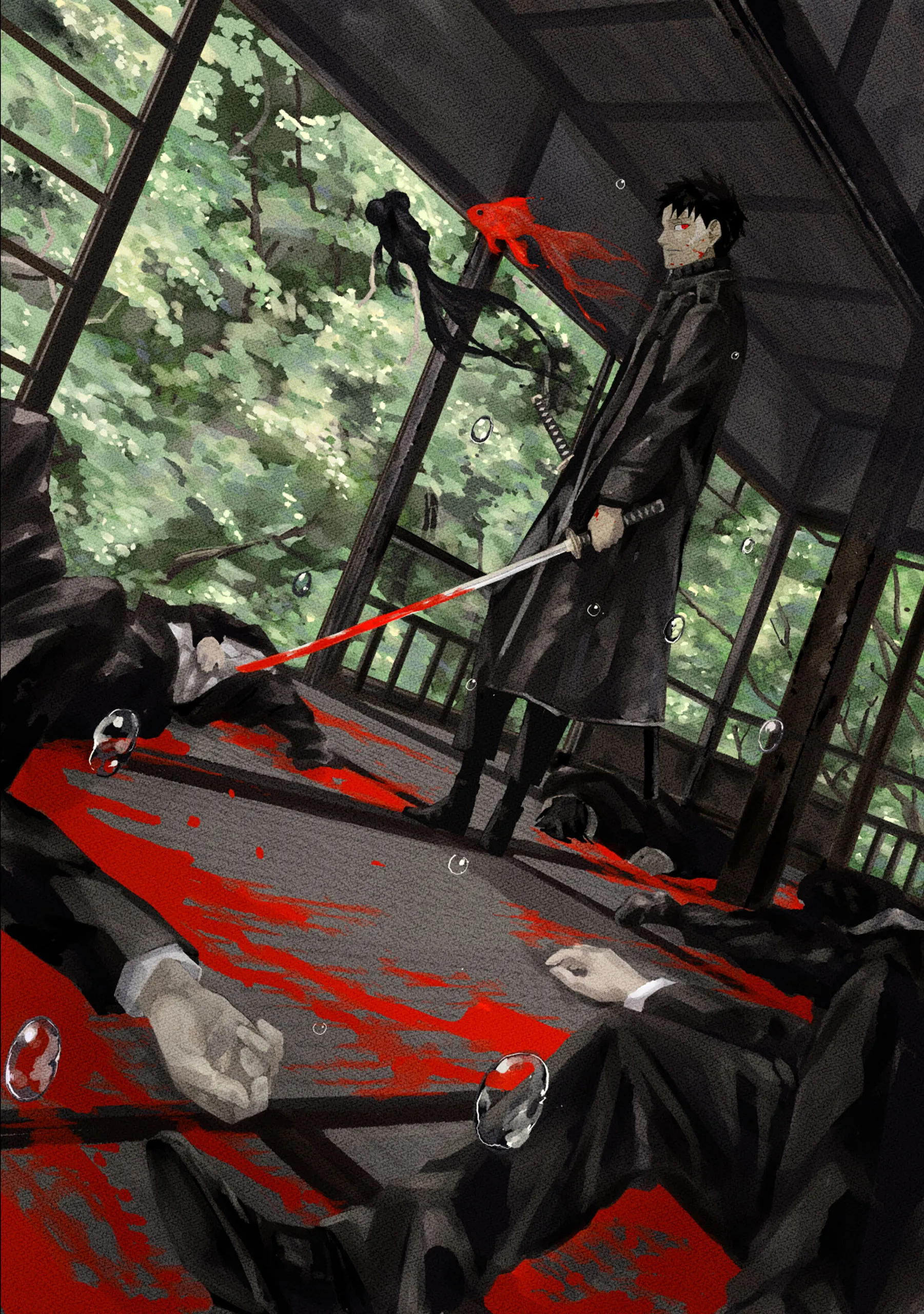 Manga illustration of man in long black coat holding a katana with blood with dead men in suits with blood surrounding him